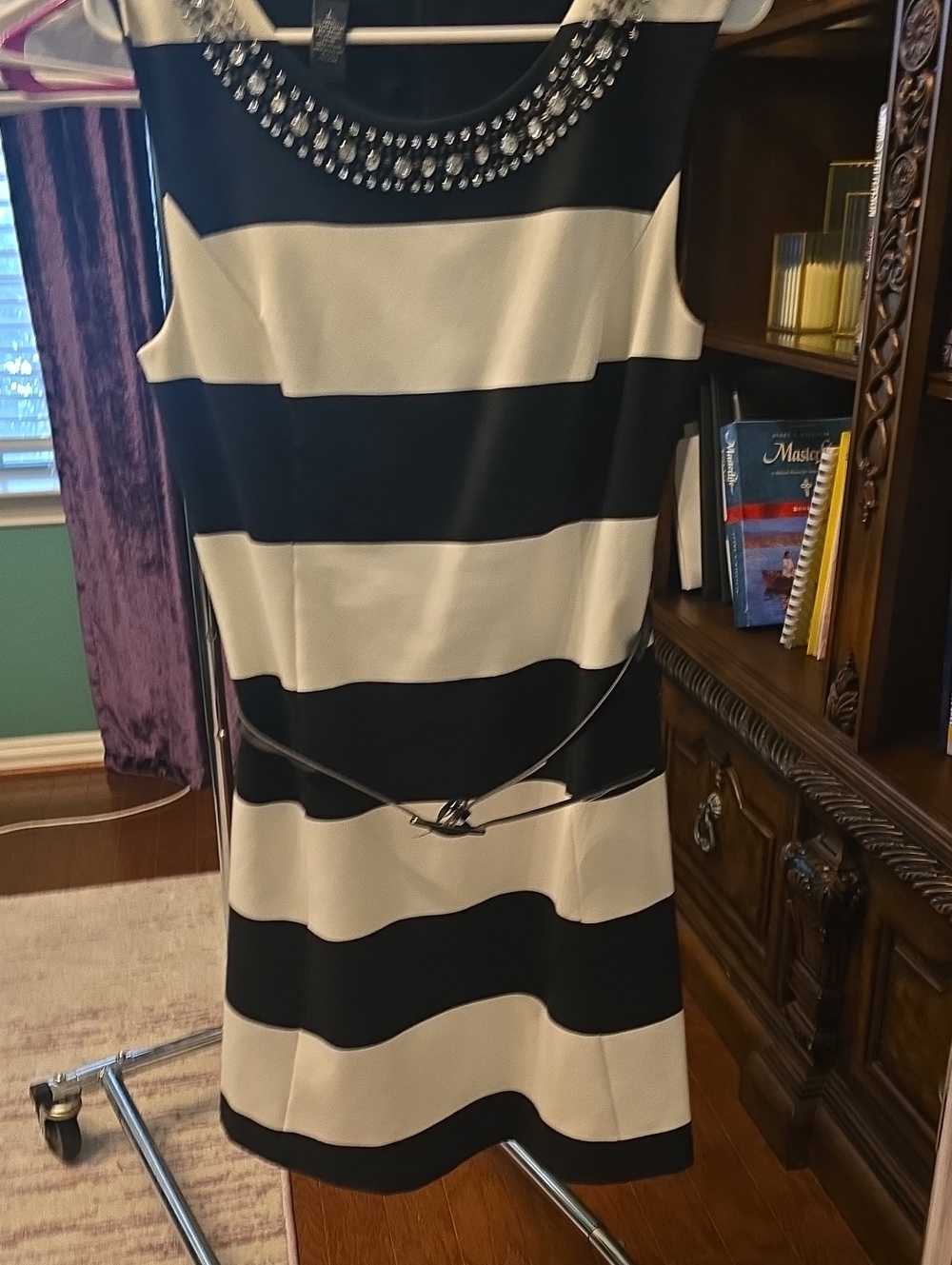 Classic Black & White Striped Sleeveless Dress with Rhinestone Neckline